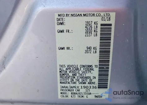 2018 Nissan Altima 2.5 z USA, uszkodzony, nr VIN 1N4AL3AP6JC190336